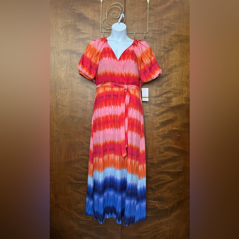 Maison Tara Puff Sleeve Sunset Stripe Maxi Dress Womens 14 Tie Dye Belted Midi